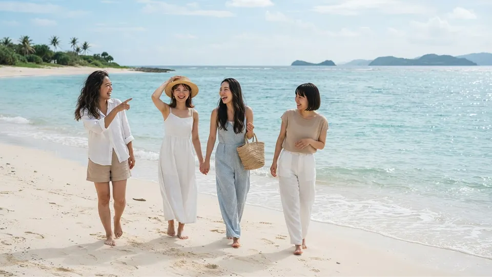 白い服を纏った女性のグループが、沖縄北部の透き通る海辺を笑顔で歩きながらグループ旅行を楽しんでいます。