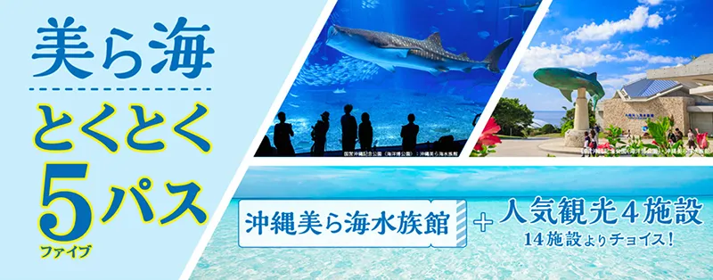 海洋博公園の黒潮の海やジンベエザメのオブジェを配し、沖縄観光の5施設を巡るお得なパスを紹介しています。
