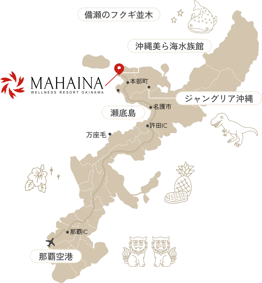 ベージュ色の沖縄本島地図上に、赤いピンで示された本部半島の備瀬のフクギ並木や周辺観光地への位置関係が白抜きの吹き出しで示されています。